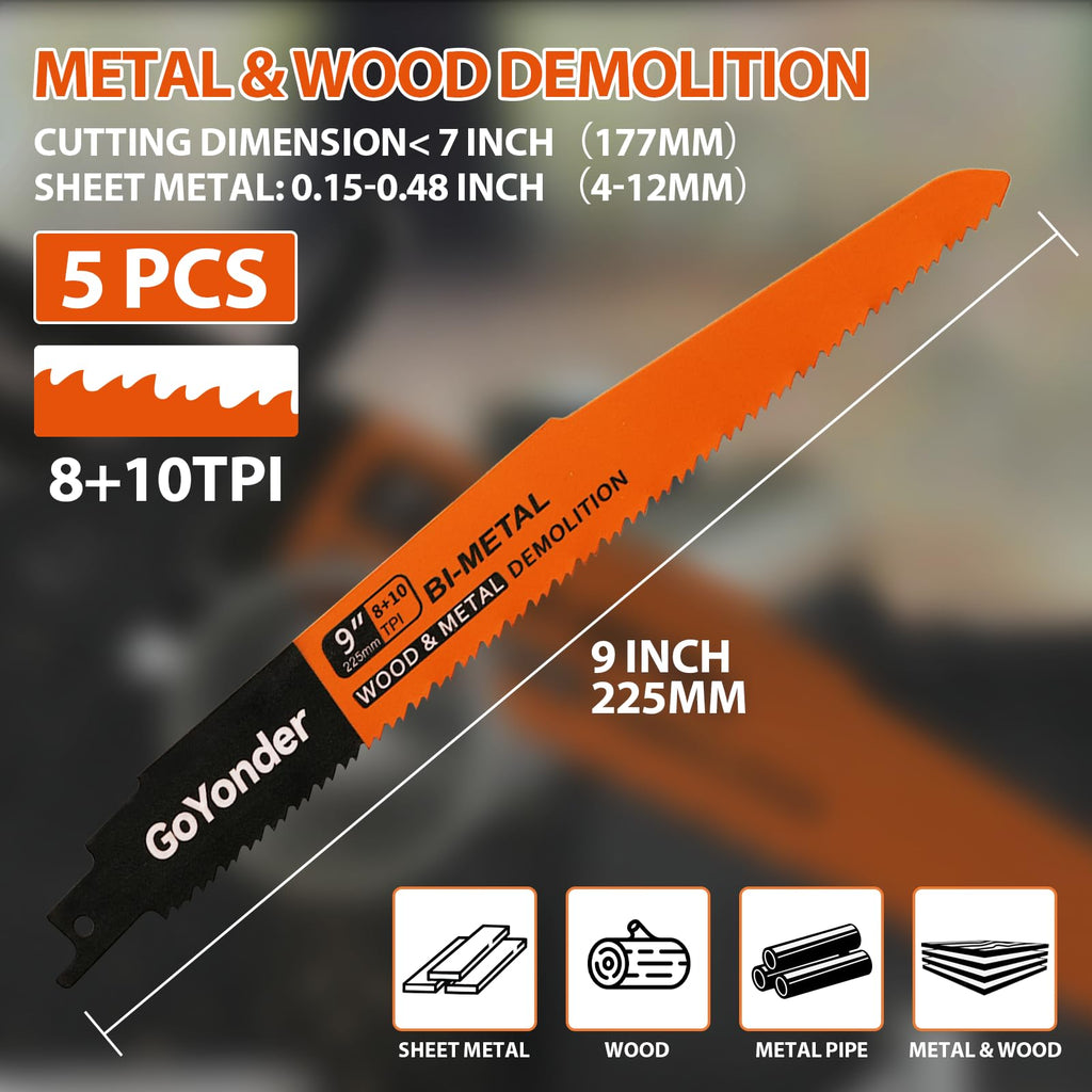 GoYonder Demolition Reciprocating Saw Blades 8+10TPI Bi-Metal (5-Pack)
